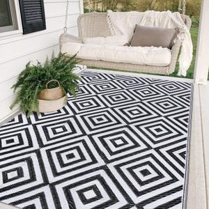 Reversible Mats for Outdoor Patio, Plastic Straw Modern Area Rug, Floor Mat for RV, Backyard, Deck, Picnic, Beach, Trailer, Camping (Diamond Black & White, 4' x 6')