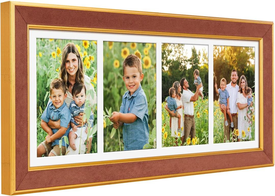 Suede 8x21 Picture Frame Display 4 Opening 5x7 Picture Frames Collage Wall Decor with Mat,Multi Photo Frame for Plexiglass,Wall Decor,1Pack,Brown