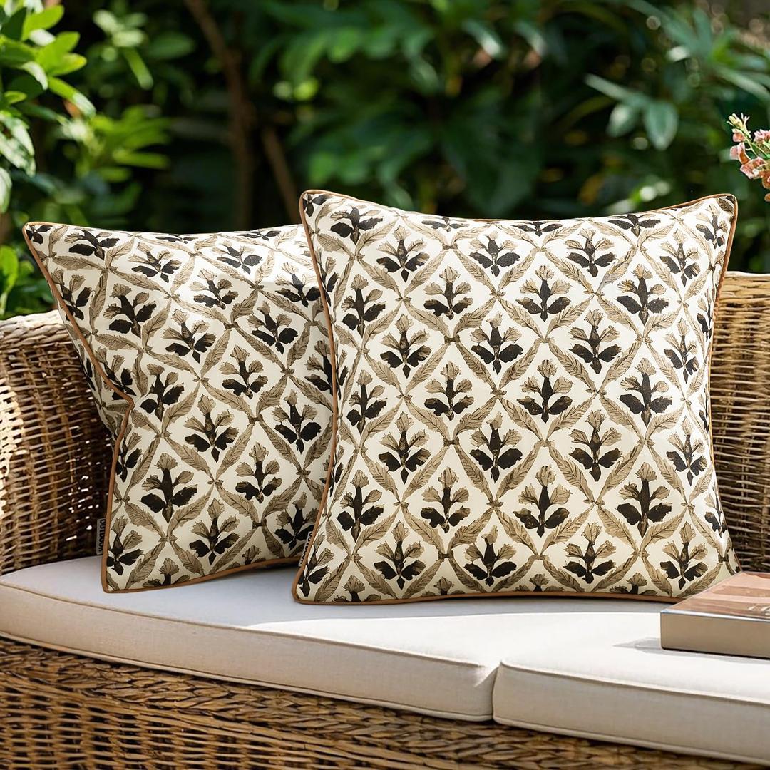 MIULEE Pack of 2 Decorative Outdoor Waterproof Throw Pillow Covers Flower Print Chic Boho Accent Pillow Covers for Square Garden Patio Cushion 16x16 Inch, Coffe-Brown