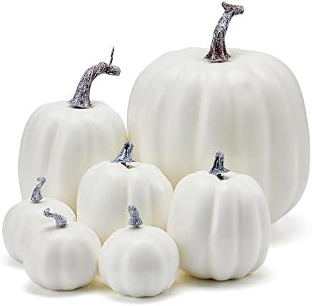 woshilaocai 7PCS Artificial Pumpkins Dcor Fall Harvest Thanksgiving/Halloween Holiday Farmhouse Decorations for Home (Off White)