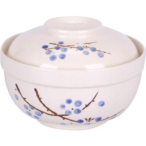 WHJY Japanese Creative Hand-painted Ceramic Tableware with Lid for Soup and Noodles, with Heat Preservation Function, Integrated Bowl and Lid - Blue Plum