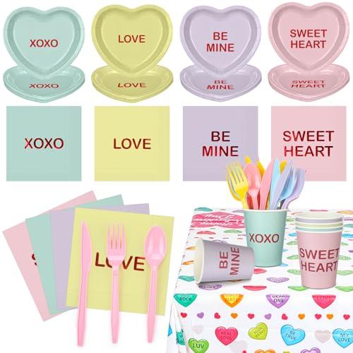 Teenyyou 342 Pcs Valentine's Party Supplies Conversation Heart Tableware Set Serve 48 Conversation Heart Plates Napkins Cups Forks Knives Spoons Tablecloth Valentines Party Decor Disposable Dinnerware