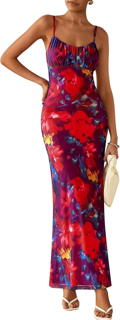 PRETTYGARDEN Women's Floral Bodycon Maxi Dress Summer Beach Sundress Sleeveless Spaghetti Strap Wedding Guest Dress (Red, L)