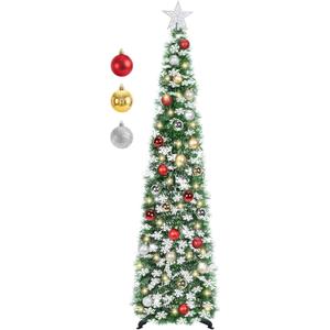 5 FT Pop Up Christmas Tree with Timer Lights and Decorations, Green Tinsel Artificial Christmas Tree with 24 Balls Ornaments, Collapsible Pencil Tree for Xmas Home Office Party Decor