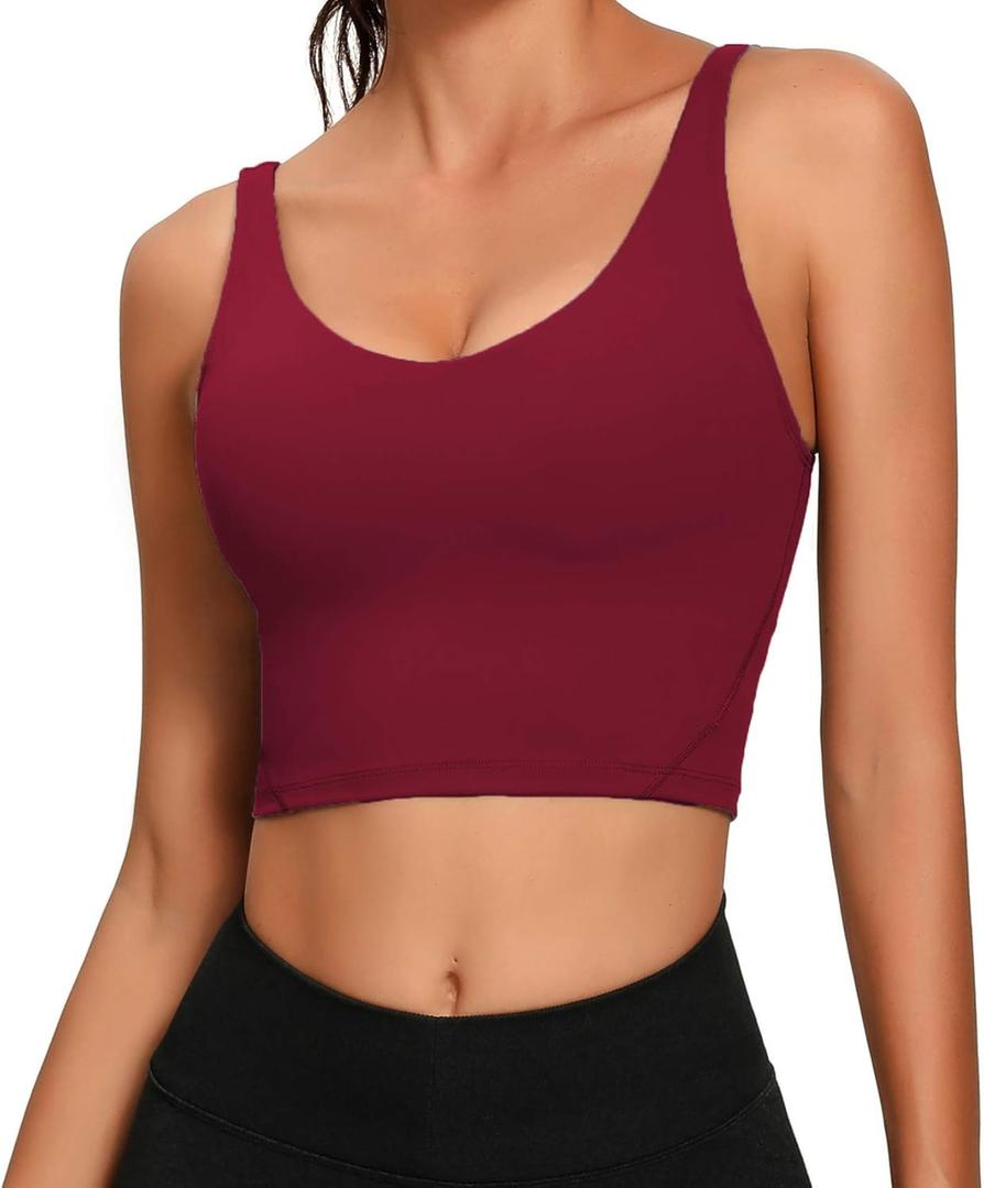 Lemedy Women Sports Bra Longline Crop Tank Top Padded Workout Running Yoga (Medium, Burgundy)
