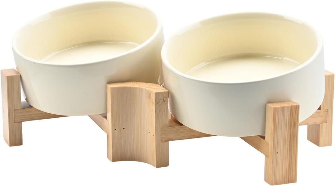 SPUNKYJUNKY 15 Slanted Ceramic Dog and Cat Bowl with Wooden Stand, Tilted Bulldog Food and Water Bowl No Slip Non-Spill for Cats Medium Dogs Big Face Pets 13.5 OZ (1.7 Cups, Beige  2)