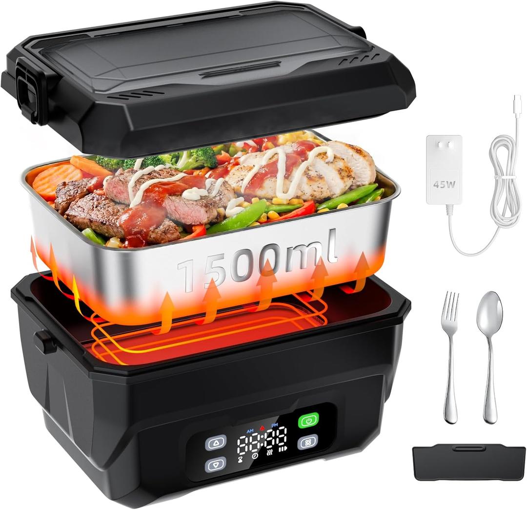 100W Cordless Heated Lunch Box, 45W Fast Charging22000mAh Rechargeable Electric Lunch Box for Adults - 6.5 Cups Portable Food Warmer with 24H Scheduled Heating, for Work, Office, Outdoor(Black)