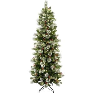 National Tree Company Pre-lit Artificial Christmas Tree | Includes Pre-strung White Lights and Stand | Flocked with Cones, Red Berries and Snowflakes | Wintry Pine Slim - 7.5 ft