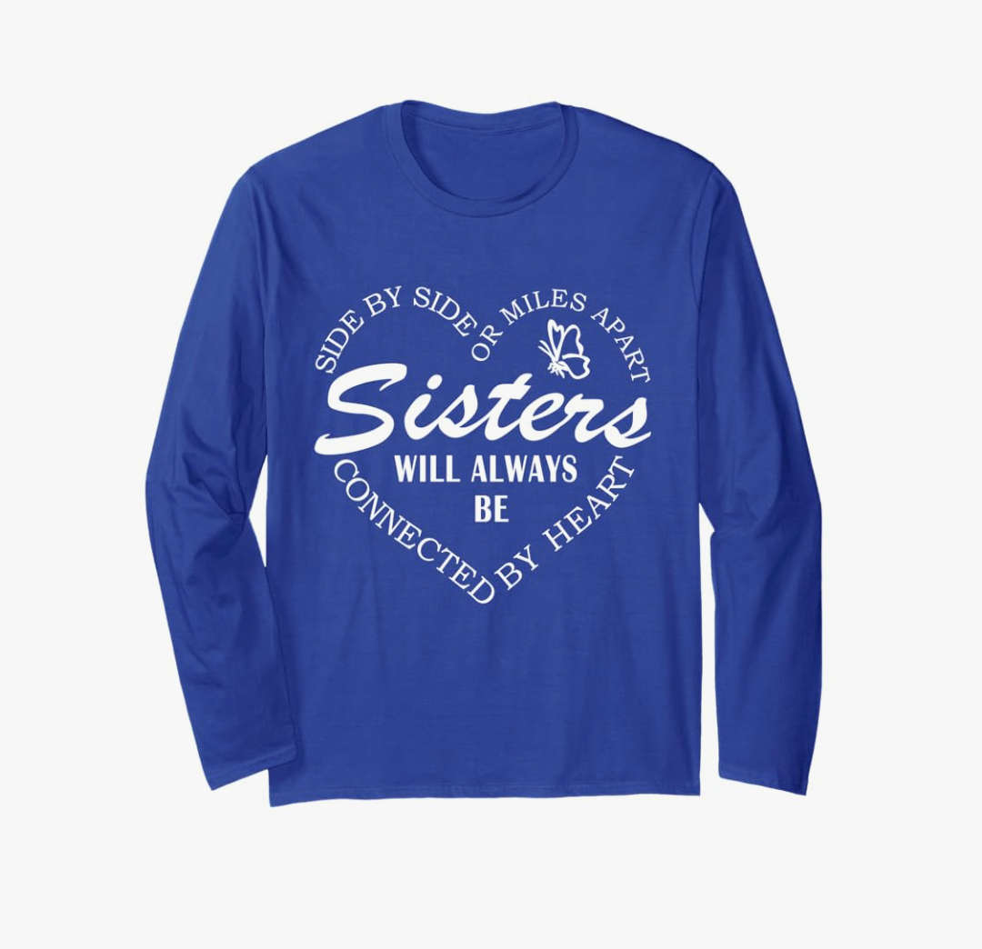 Side by Side or Miles Apart Sisters - Connected by Heart Long Sleeve T-Shirt, M, Royal blue