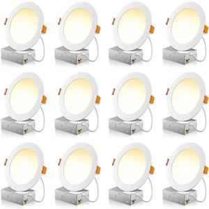 12 Pack 6 Inch 5CCT Ultra-Thin LED Recessed Ceiling Light with Junction Box, 2700K/3000K/3500K/4000K/5000K Selectable, 1050LM Brightness, Dimmable Canless Wafer Downlight, 12WEqv110W, ETL&FCC