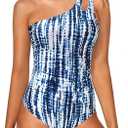 Holipick One Shoulder One Piece Swimsuit for Women Tummy Control Bathing Suits Modest Full Coverage Keyhole Swimwear (Large, Blue Tie Dye)