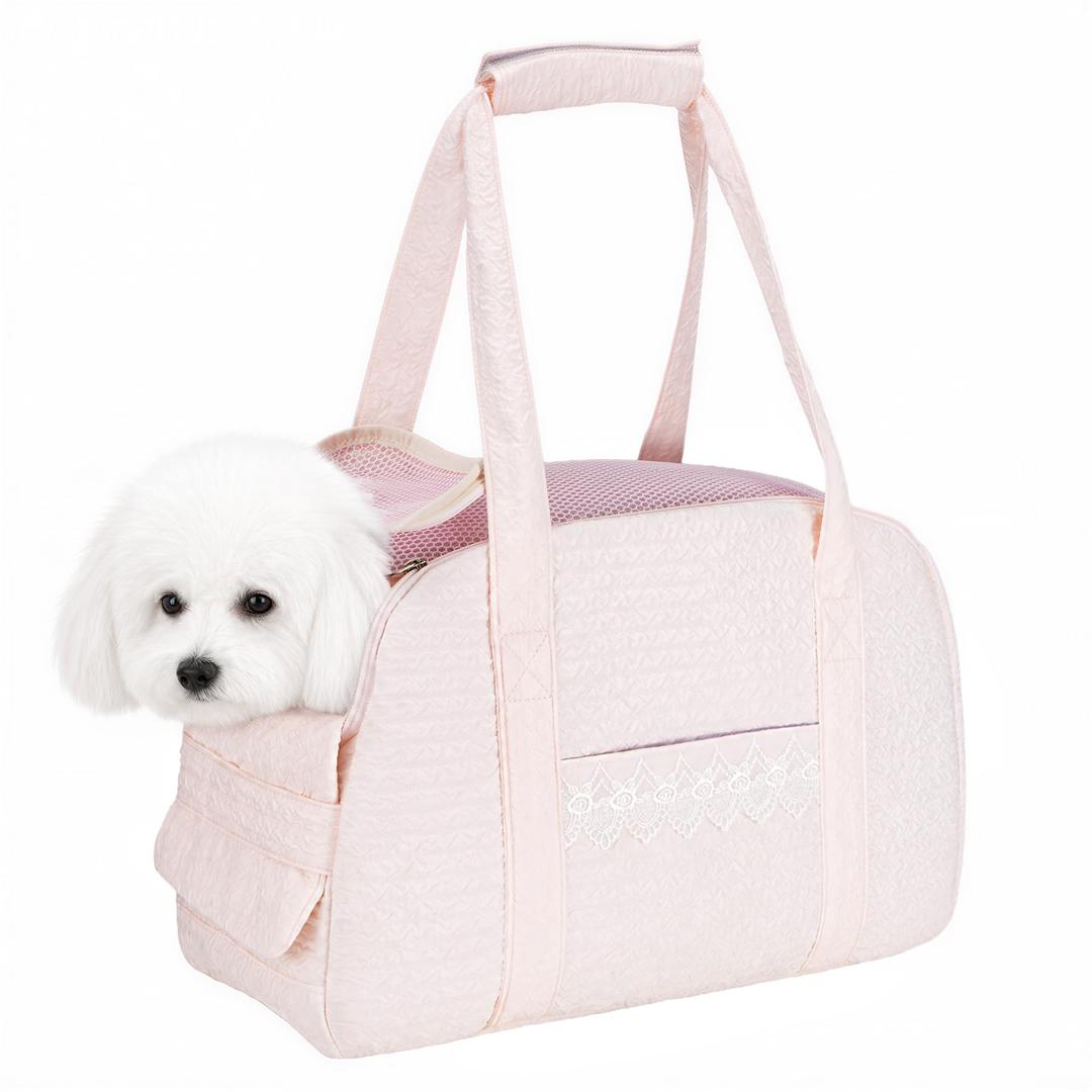 Dog Carrier Tote Bag, Foldable Soft Sided Breathable Mesh Lightweight Travel Handbag with Padded Handles, Lace Decor Portable Pet Purse for Small Puppy Kitten Cat Up to 15 Lbs (Pink)
