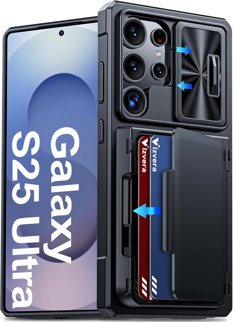 Vizvera for Samsung Galaxy S25 Ultra Case Wallet RFID [Cards Holder][Camera Cover][Edge Raised] Full Body Rugged Shockproof Silicone Protective Phone Case for Galaxy S25 Ultra 6.9" 2025(Black)