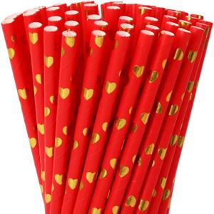 2 x Whaline 100Pcs Valentine Paper Straws Red Heart Straws Disposable Gold Foil Heart Drinking Straws for Valentine Wedding Birthday Party Supplies