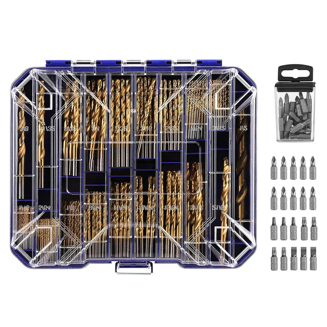 276pc Titanium Twist Drill Bit Set with S2 Bits 135 Tip High Speed Steel, Size from 1/16" up to 1/2", Ideal in Wood Cast Iron Aluminum Alloy Plastic Fiberglass, Clear Lid Case