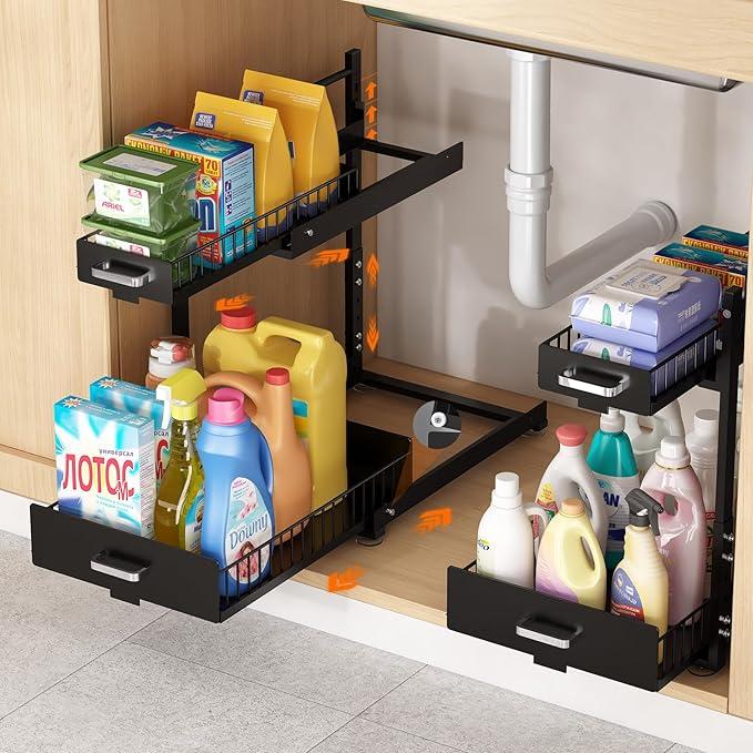 LIAISIMI Under Sink Organizer, 2 Tier Slide Out Kitchen Cabinet Organizers with Pulley, Under Bathroom Sink Pull Out Organizer with Multiple Height Adjustments for Kitchen and Bathroom Cabinets-Black