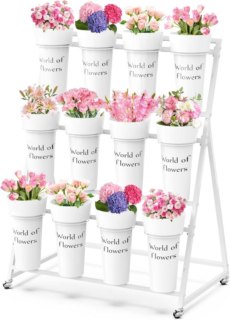 Flower Display Stand with 12 Buckets, Metal Flower Cart with Wheels 3 Layers White Flowers Bar Stand Moving Florist Bouquet Shelf for Party Weddings Ceremony Garden Indoor Outdoor Patio Decor (35.43" x 21.65" x 47.24"(LxWxH))
