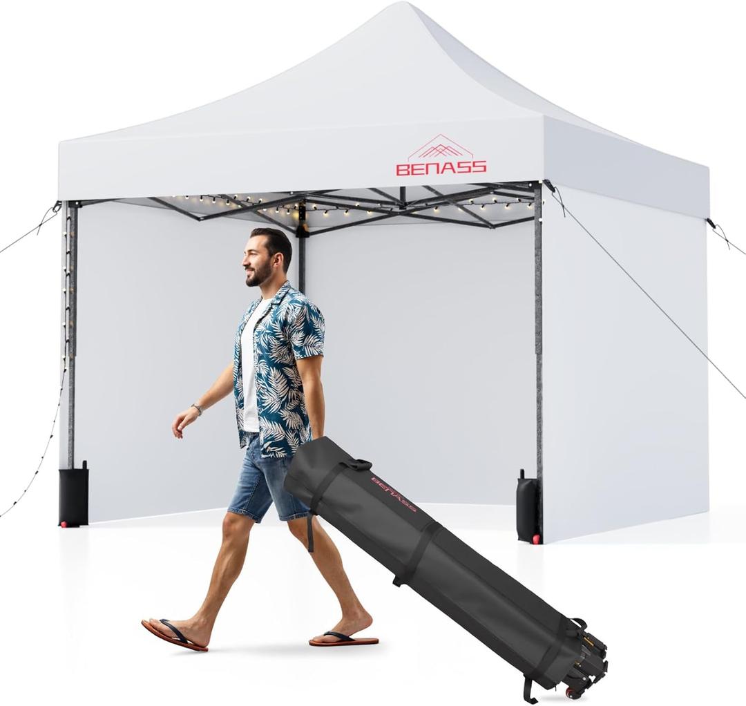 10x10 Pop Up Canopy Tent with 8 Reinforced Steel Wire Ropes, Heavy Duty Instant Canopies with 3 Removable Sidewalls, White