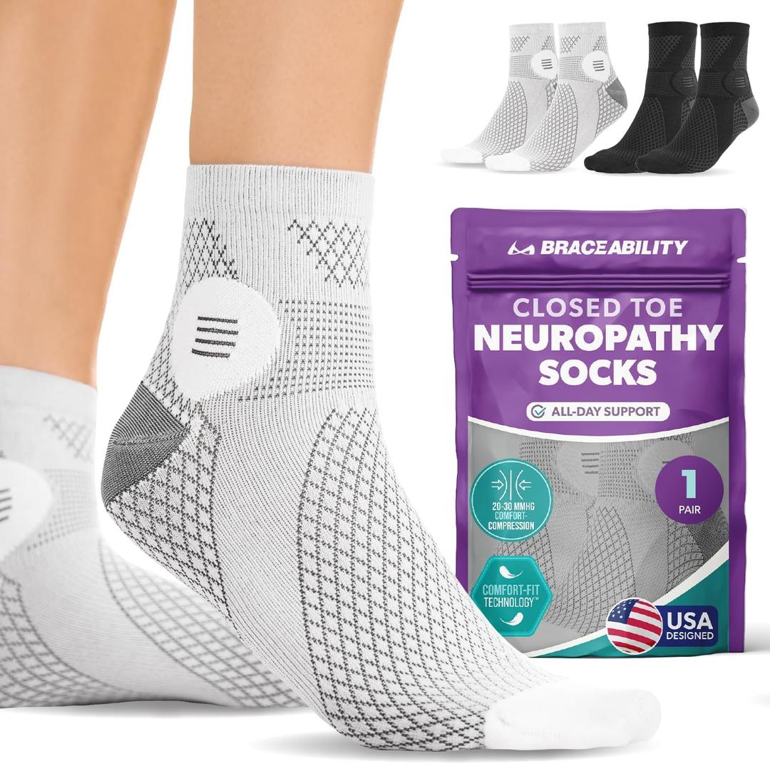 BraceAbility Closed Toe Neuropathy Socks - Diabetic Socks for Women and Men, Foot Pain Relief, Circulation, Anti-Neuropathy, Foot Fatigue, Compression Nerve Support – 1 Pair (Medium Gray)