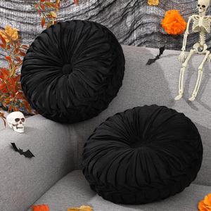 Beeveer 2 Pcs Round Throw Pillows 15 Inch Decorative Velvet Pleated Pumpkin Pillows Boho Floor Pillow with Center Button for Living Room Couch Chair Bed Sofa Home Decoration (Black)
