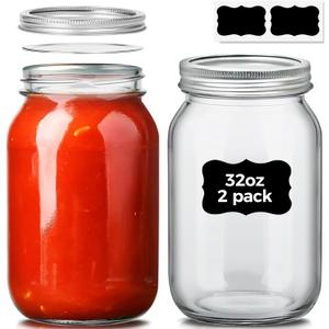 ComSaf Wide Mouth Mason Jars 32 oz with Lids 2 Pcs, Quart Mason Jars with Seal Band, Large Glass Jars, Large Canning Containers for Pickles, Jams, Sauces, Salsa, Sourdough, Salad, Suntea, Food Storage