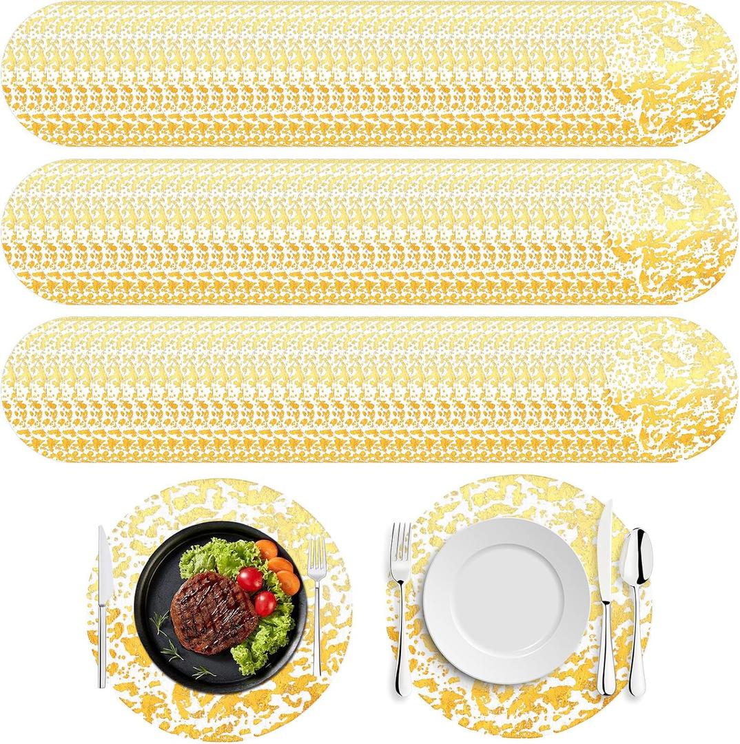 200pcs Gold Placemats Round Disposable Placemats,13 Inch Gold Foil Mesh Place Mats Table Mates Doilies, Thin Mesh Table Runner for Home Decoration Dining Wedding Birthday Party