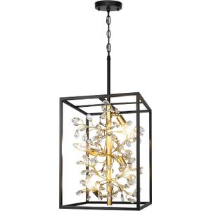 CNRATYE Large Black and Gold Lantern Chandelier, 4-Light Modern Farmhouse Pendant Lighting for Kitchen Island, Rustic Hanging Cage Light Fixture for Dining Room Entryway Living Room Hallway