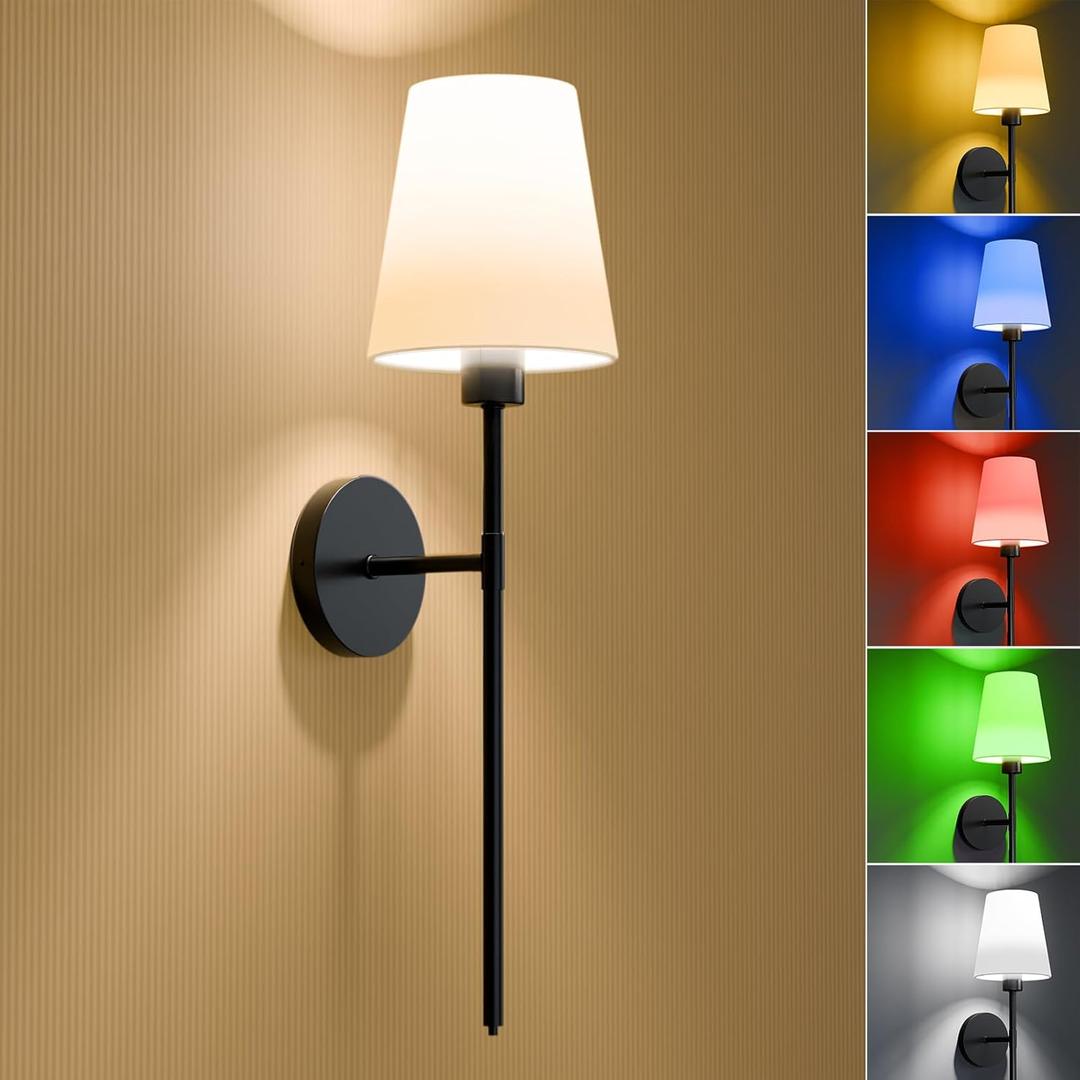 Battery Operated Wall Sconce, Black Rechargeable Wall Lights with Remote & Timer, 9 RGB Colors & 3 Color Temperatures, Dimmable Wireless Wall Lamp for Bedroom Living Room Hallway