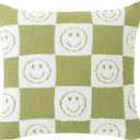 Pack of 2 Ultra Soft Cozy Happy Smiling Face Checkered Knitted Throw Pillow Cover Fluffy Microfiber pillocase Decorative for Sofa Bed 18 Inches Both Sides (Green)