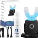 U-Shaped Toothbrush for Adults, All-in-One Foam Mousse & Ultrasonic Clean, Hands-Free with 4 Brush Heads, Blue LED Light, Advanced Charging Base (Black)