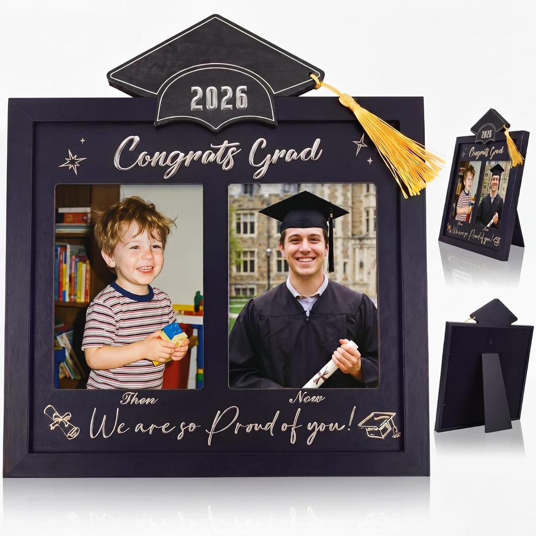 Wenqik Then and Now Graduation Picture Frame Double 5x7 Photo Frame Class of 2026 Graduation Gifts for Son Daughter High School College Graduates Wooden Photoframe Graduate Keepsake(Silver,Grad Cap)
