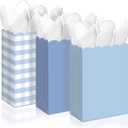 Kolldenn 24 Pcs Blue Gingham Party Supplies Gift Bags with Handles Scallop Kraft Paper Treat Candy Goodie Party Favor Bags for Baby Shower Birthday Wedding Decor