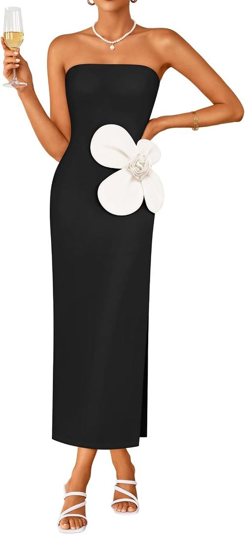 ZESICA Womens Summer Cocktail Strapless Maxi Dress 2026 Formal Bodycon Backless Floral Tube Wedding Guest Party Long Dresses (Black, XL)