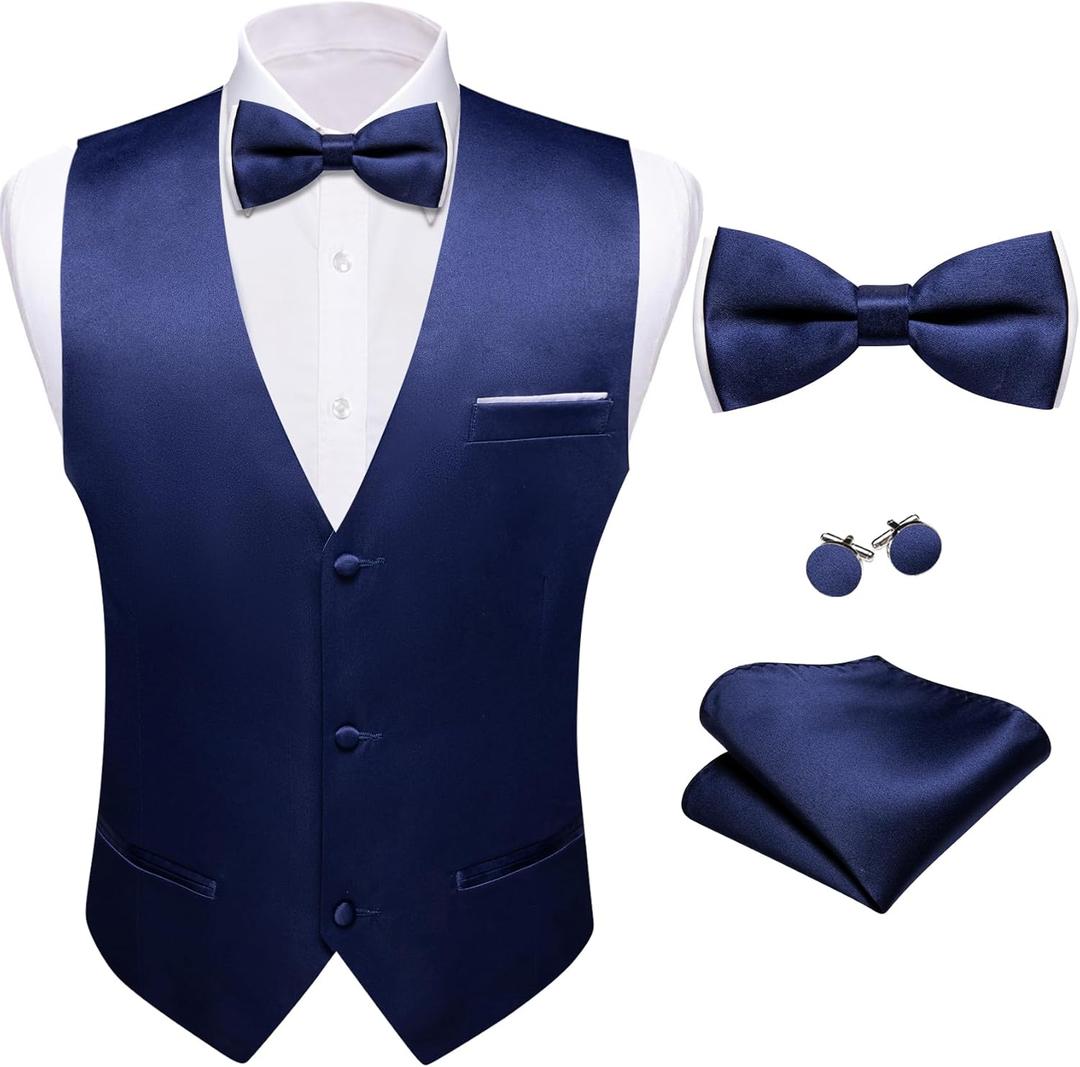 Barry.Wang Mens Suit Vest Bow Tie Set 4PCS Formal V-neck Slim Fit Casual Solid Color Waistcoat Wedding Party Tuxedo (Large, Dark Blue)