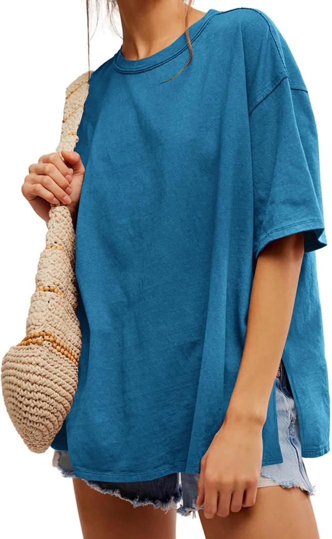 Tankaneo Womens Oversized Tshirts Summer Casual Short Sleeve Crew Neck T Shirt Loose Fit Side Slit Tee Tops (XX-Large, Lake Blue)