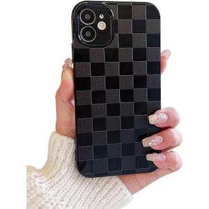 Compatible with iPhone 11 Case,Cute Checkerboard Checkered Cream Silicone Pattern for Women Girl Trendy Slim Fit,TPU Silicone Shockproof Full Camera Protection Cover-Black