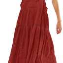 yoeasy Women's Boho Adjustable Strap Bib Maxi Dress Laced Embroidered Pleated Tiered Swing Long Dress with Pockets (XL Red)