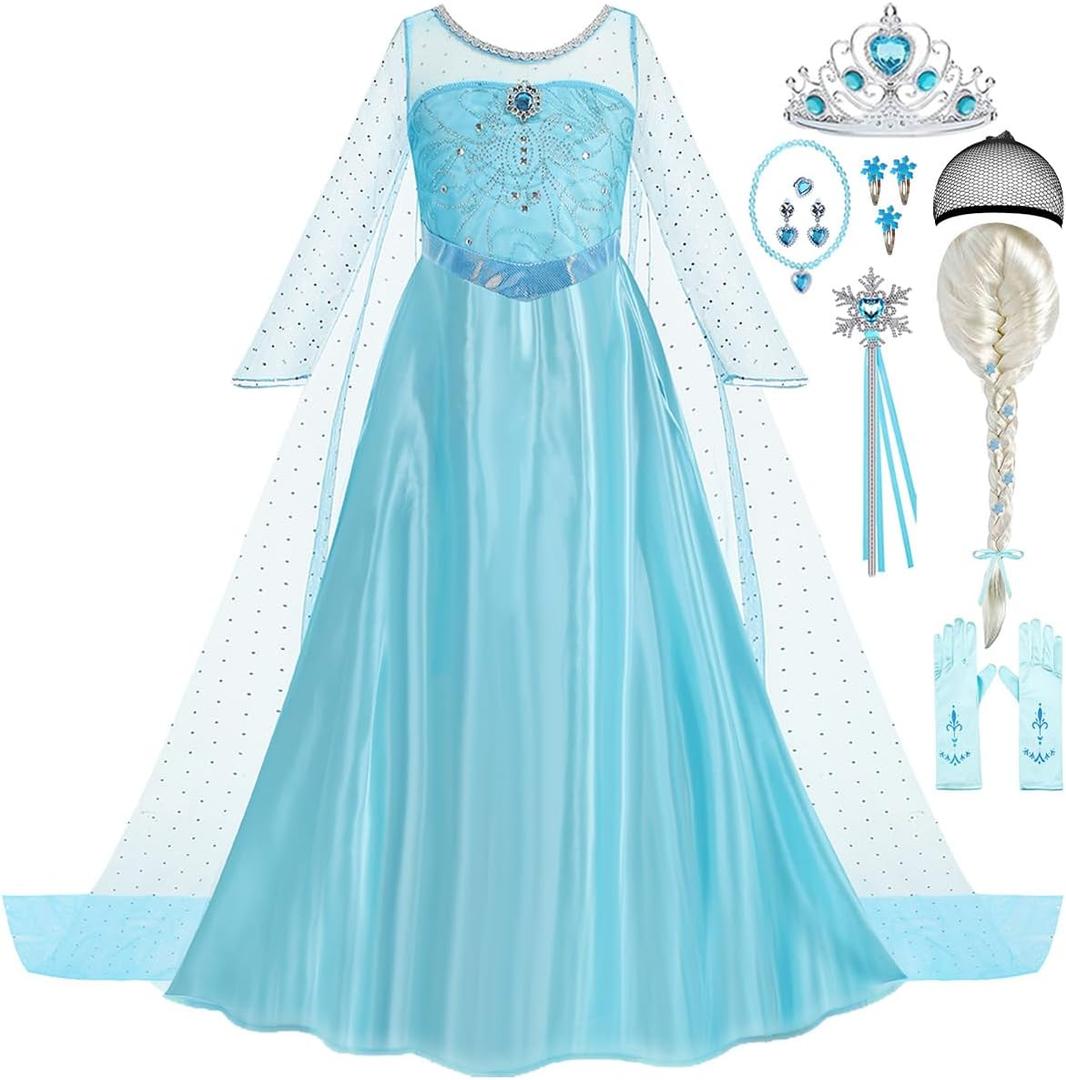 Elsa Dress for Girls Toddler Snow Princess Costume Blue with Wig Halloween Birthday Party Dress Up Outfits (4-5T)