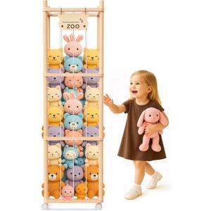 Stuffed Animal Storage & Organizer, Wooden Stuffed Animal Holder, Plushies Storage with Wheels, Stuffed Animal Zoo for Toddler Rooms, Playrooms & Bedrooms, 53.54" x 15.74" x 15.74"