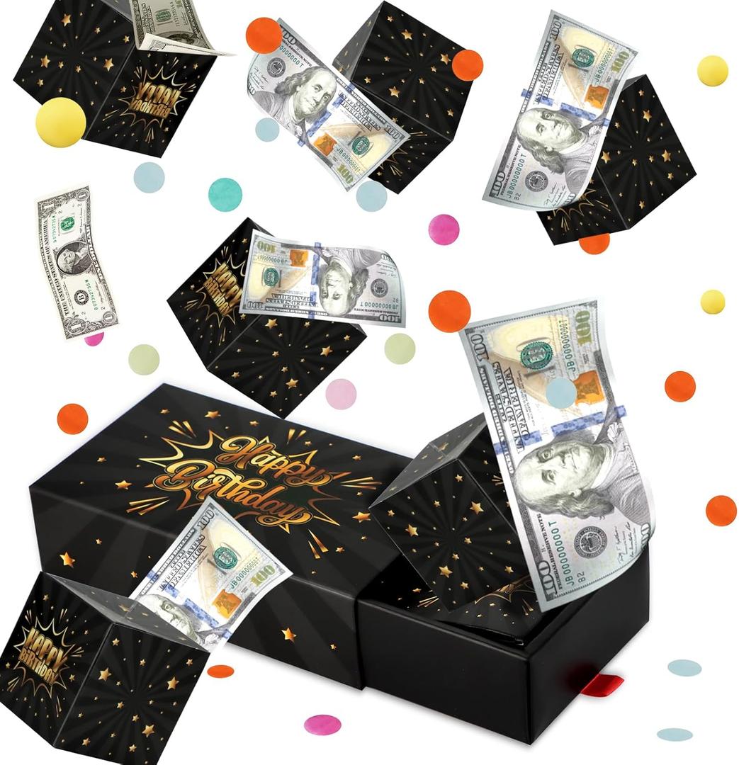 WenmthG Happy Birthday Surprise Gift Box Explosion for Money - DIY Pop Out Folding Bounce Explosion Gift Box with Confetti - Birthday Money Bank - Cash Gift Idea for Women Men Kids (Black Gold)
