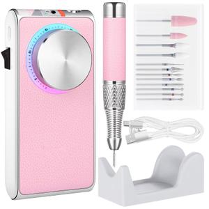 Electric Nail Drill 30000 RPM Brushless Motor, Rechargeable Professional Nail File with Battery & LED Display, Quiet Low-Vibration Nail Drill with 12 Bits for Manicure & Pedicure (Pink)
