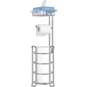 TomCare Toilet Paper Holder Stand with Storage Shelf Tissue Paper Roll Dispenser Free Standing 4 Raised Feet Toilet Paper Storage Metal Bathroom Organizers and Storage (Silver Grey)