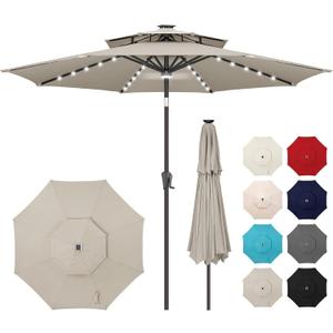9ft Solar Umbrella Outdoor - 2-Tier Lighted Solar Patio Umbrella with 40 LED Lights Waterproof UV Protection, Table Umbrella with Tilt for Pool, Porch, Garden, Backyard (Taupe)