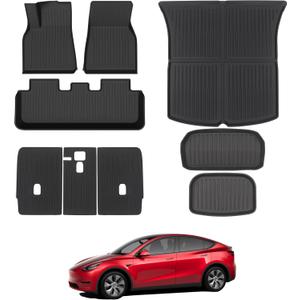 Tesla Model Y Floor Mats for 2021-2024, 9PCS All Weather Full Set Cargo Liners Accessories, 3D TPE Odorless Floor Mat Trunk Frunk Rear Well Mats Custom for 5-Seater(Not Fit 7Seat & 2025 Juniper)