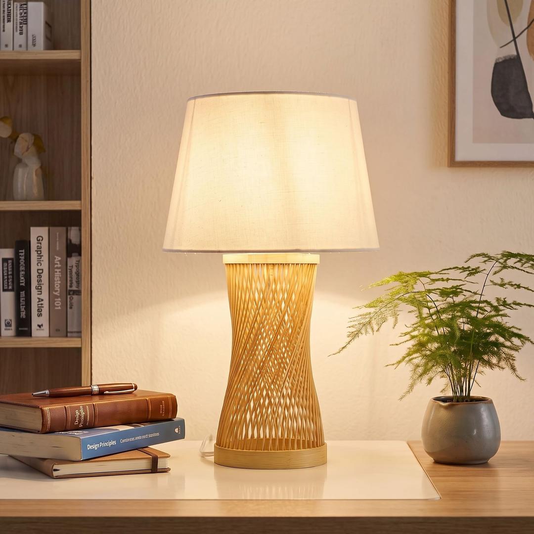 Booniture Boho Table Lamp, 17" Bamboo Bedside Lamp for Living Room