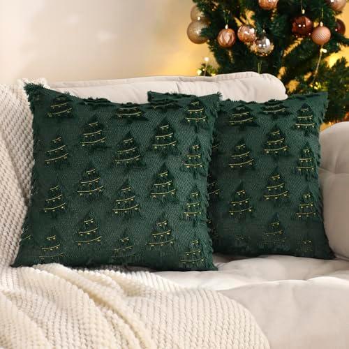 Tosleo Christmas Throw Pillow Covers 18x18 Set of 2 Dark Green Christmas Decoration Xmas Trees with Lights Pillow Covers Soft Plush Faux Wool Jacquard Pillowcases Holiday Festivals Winter Home Decor