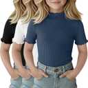 3 Pack Girls Shirts Short Sleeve Mock Turtleneck Cotton Cute Lettuce Trim Summer Tops 5-14Y Kids Clothes