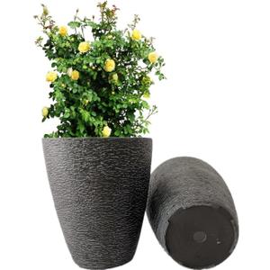 10 Inch Garden Planter Lightweight Indoor Outdoor Pots with Drainage Hole for Potted Plants Flowers Greenery, Set of 2, Black Grain Texture