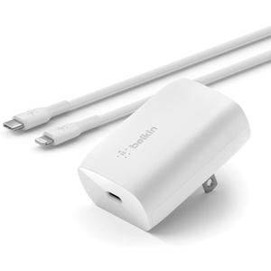 Belkin USB C Charger Block 20W - USB-C to Lightning Cable Included - PD, PPS Super Fast Charging - Samsung Galaxy S25, Apple iPhone 17, Air, Pro Max, iPad, AirPods & More  White,