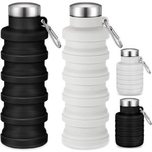 Baderke 2 Pcs Collapsible Water Bottles 17oz Silicone Travel Foldable Portable Water Bottle with Buckle Silicone Lightweight Reusable Leakproof for Camping Hiking Cycling Sport(Black, Gray White)